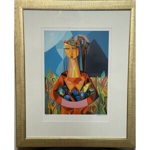 Vibrant Cuban Figurative Art: Woman with Fruit Bowl Stamped 7 out of 100